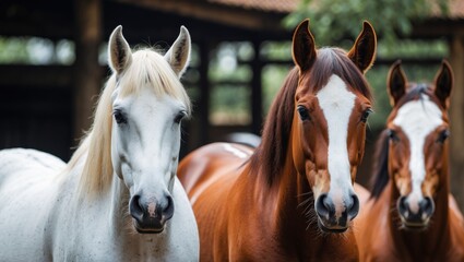 Naklejka premium Three horses standing side by side in a barn setting with blurred background and natural lighting showing distinct colors and textures.