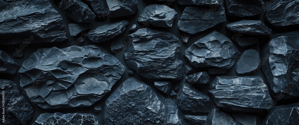 Poster dark textured rock surface with various shapes and sizes of stones arranged closely together.