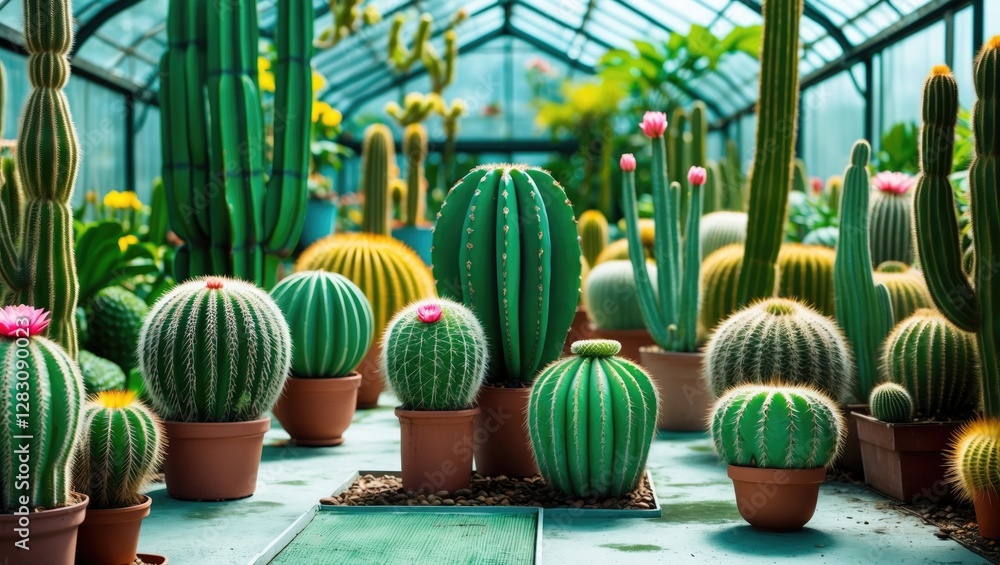 Poster vibrant collection of various cacti in greenhouse setting with colorful blooms and abundance of gree