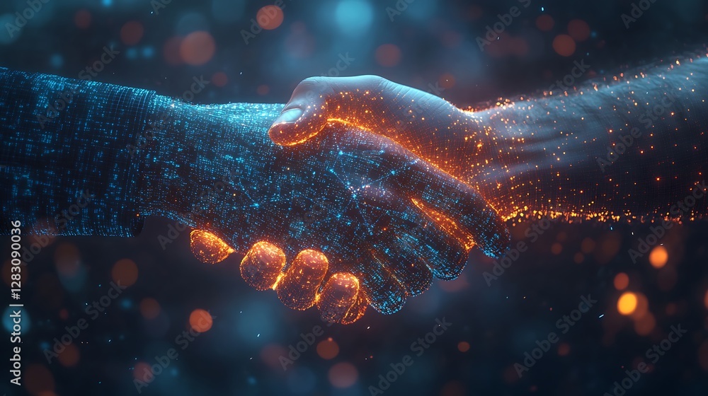 Fototapete two professionals finalizing a futuristic financial agreement, their handshake dissolving into a blo
