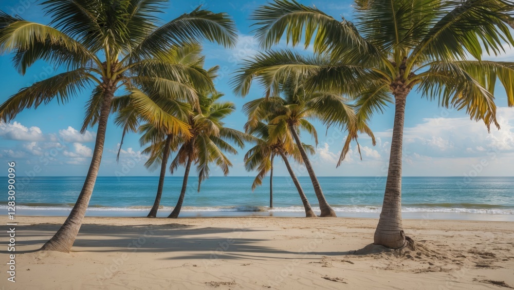 Poster tropical beach scene with palm trees framing the ocean and sky with clouds in the background copy sp