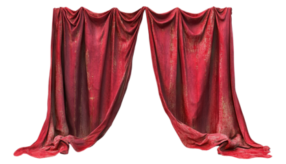 Elegant red velvet theater curtains with draping folds, isolated on transparent cutout background
