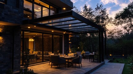 Fototapeta premium Modern house with a semi-outdoor space covered by a clear acrylic awning