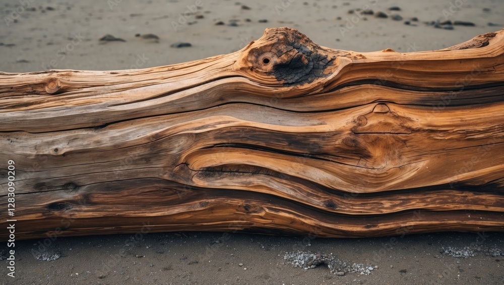 Poster close-up of weathered wooden log with natural texture patterns on sandy beach background with muted 