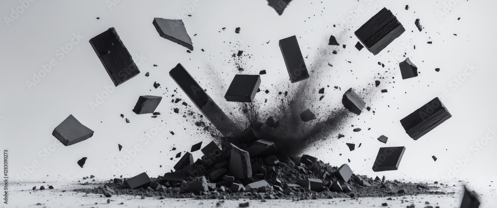 Poster exploding black debris with dust cloud in high contrast against a neutral background