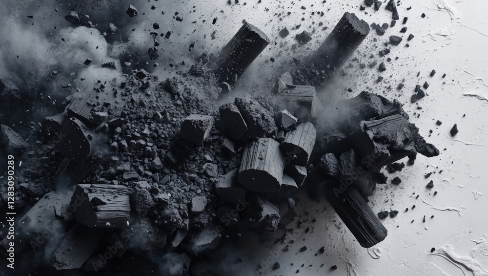 Poster black charcoal dust and debris scattered on a light surface with smoke effects creating an abstract 