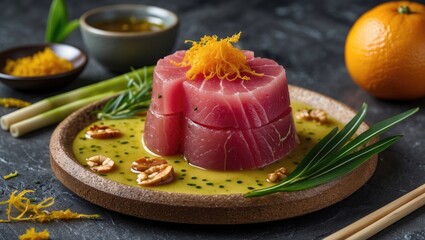 Sliced sushi grade tuna with citrus sauce garnished with nuts and herbs on wooden plate with side of olive oil and orange Copy Space