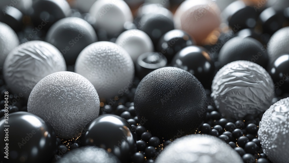 Poster assorted 3d spheres in black white and gray with various textures and surface details arranged on a 