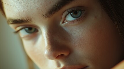 Fototapeta premium A close-up of a woman’s face with flawless skin and deep, thoughtful eyes.