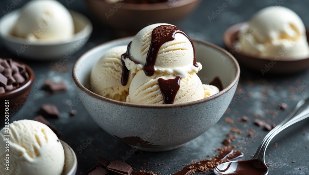 Poster scoop of vanilla ice cream topped with chocolate sauce in a rustic bowl surrounded by chocolate chip