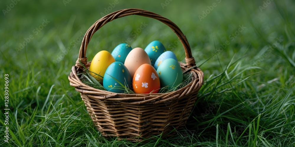 Poster colorful easter eggs in a wicker basket on green grass with decorative patterns and copy space for t