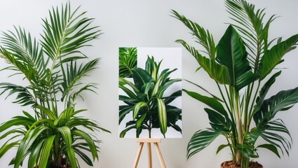 Obraz premium Indoor plant arrangement featuring tropical foliage with a plant-themed artwork on an easel surrounded by vibrant greenery. Copy Space