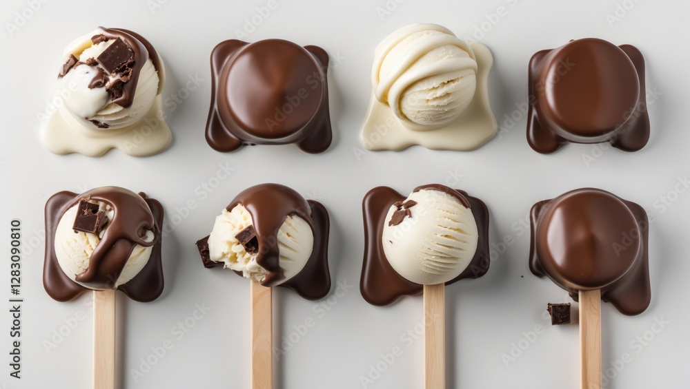 Poster different varieties of chocolate-coated ice cream pops displayed in a row with wooden sticks on a ne
