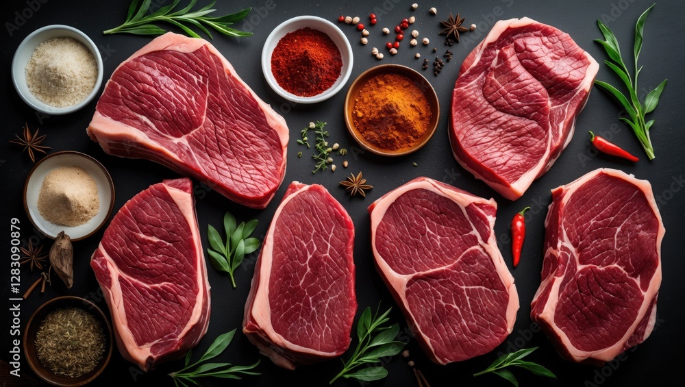 Aufkleber assorted raw beef steaks with various spices and herbs on a dark background copy space