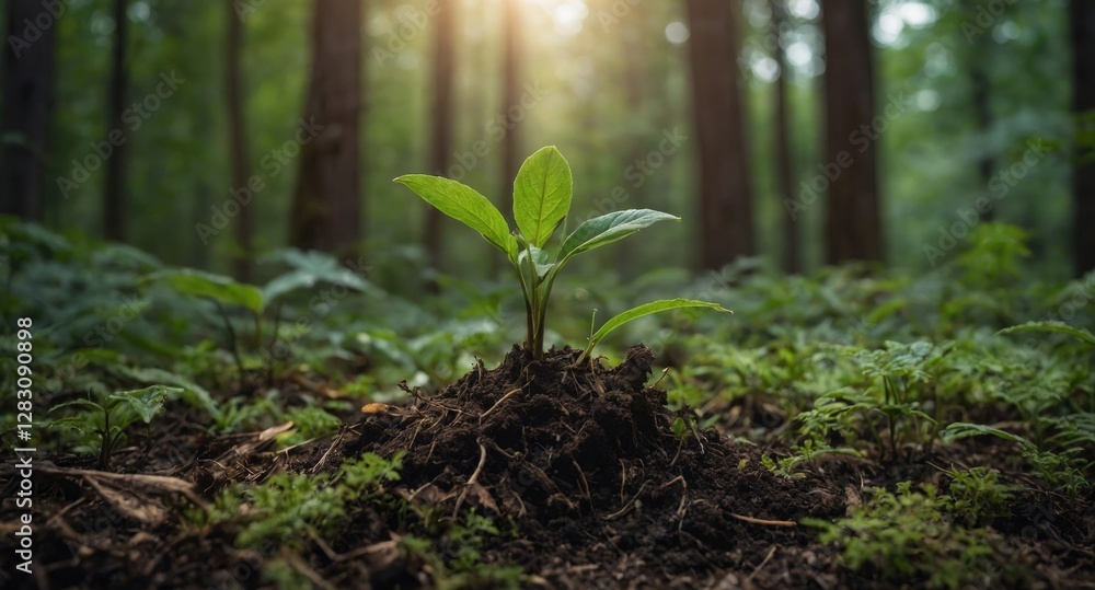 Poster new plant sprouting from soil in lush green forest with soft sunlight filtering through trees copy s