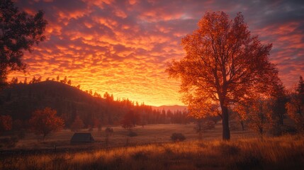 Obraz premium Sunset over autumn landscape rural area nature photography peaceful environment scenic view colorful skies