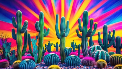 Colorful desert landscape with various vibrant cacti against a bright psychedelic sunrise background with radial patterns and copy space
