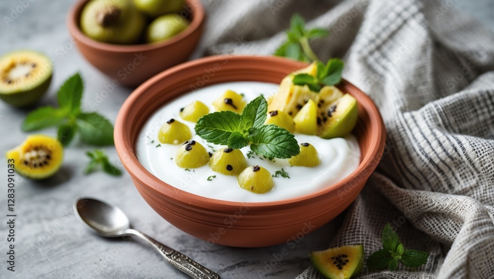 Poster yogurt with sliced kiwifruit garnished with mint leaves in a clay bowl on a stone surface with a spo