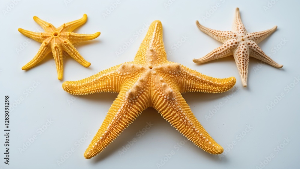 Poster three colorful starfish of varying sizes displayed on a light background with space for text copy sp