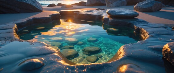 Fototapeta premium Natural rock pool with clear water reflecting sunset, surrounded by stones on sandy beach, ideal for outdoor and nature photography, Copy Space