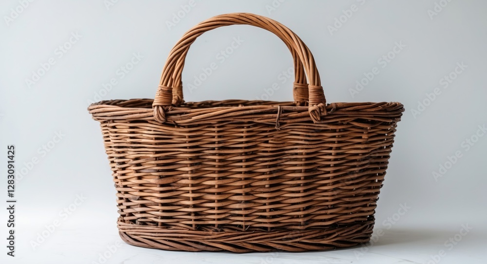 Poster woven wicker basket with handles on a light background showcasing texture and design, suitable for v