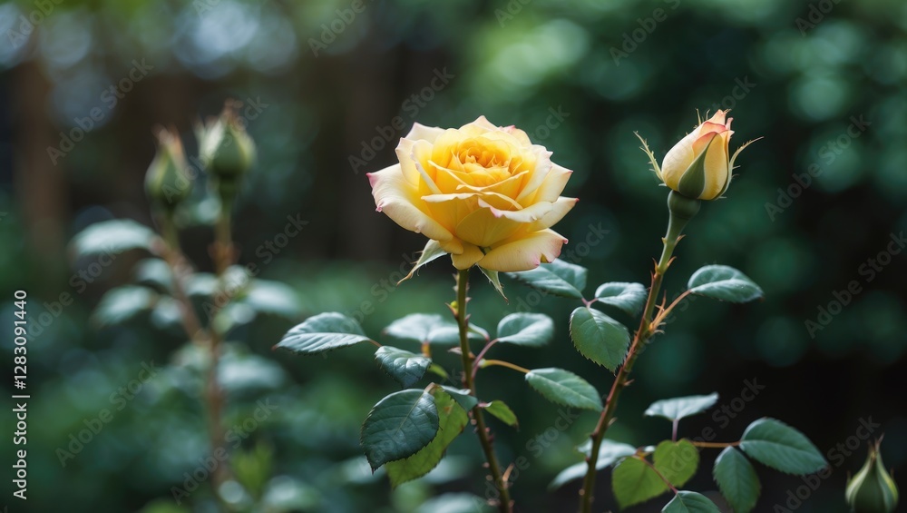 Poster yellow rose bloom with unopened buds in a garden setting with blurred greenery background copy space