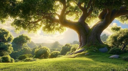 Naklejka premium Majestic tree standing tall in lush green forest nature photography serenity peaceful landscape