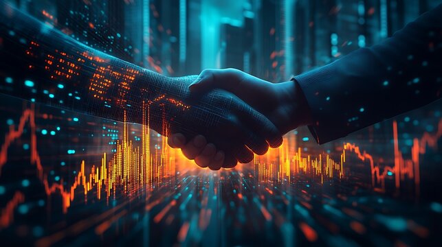 A conceptual representation of a strategic investment, showcasing a business handshake infused with AI-driven financial projections, glowing stock market graphs, cyber-futuristic skyscrapers,