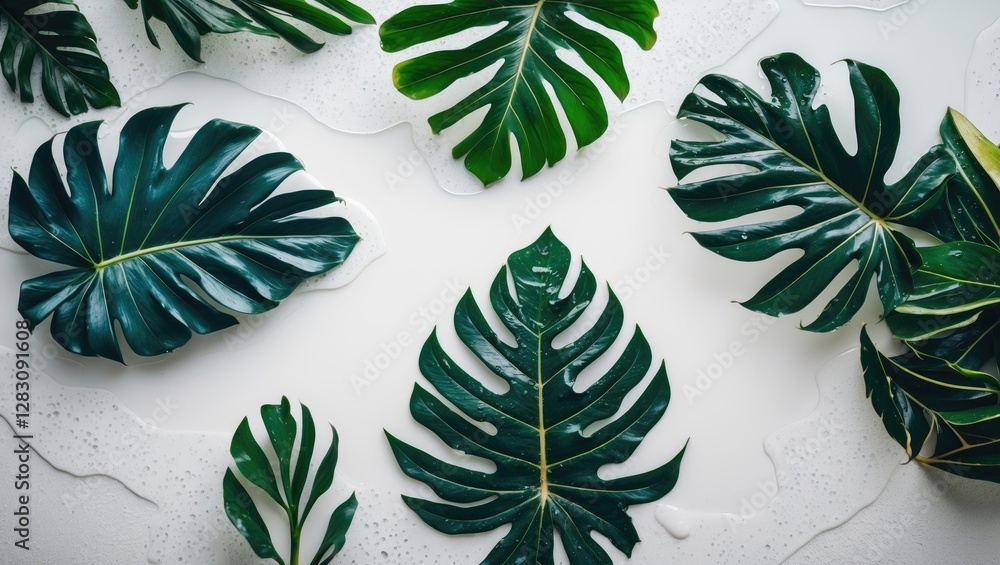 Poster green tropical leaves arranged on a light background with water droplets and copy space for text pla