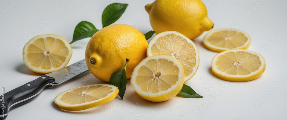 Poster freshly cut lemons with sliced pieces and a knife on a white background with copy space for text