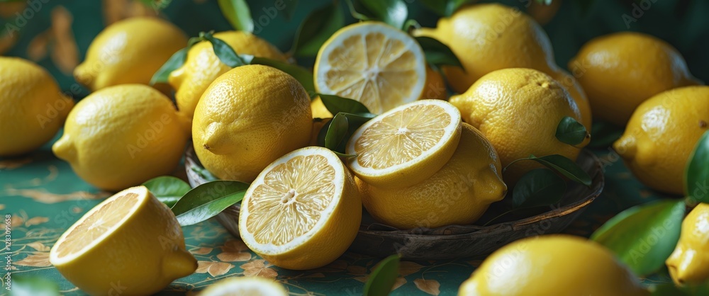 Aufkleber fresh ripe lemons arranged on a green background with one lemon sliced open in a basket surrounded b