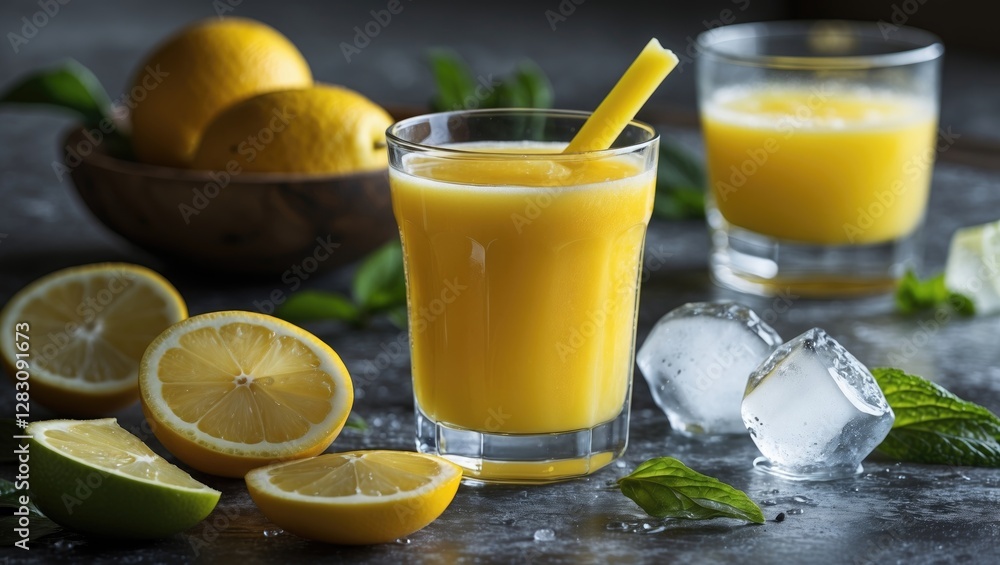 Poster freshly squeezed lemon juice in a glass with lemons and ice cubes on a dark background with green le
