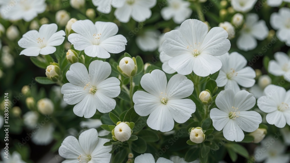 Poster close-up of white flowers with green leaves in a garden setting featuring multiple blooms and buds w