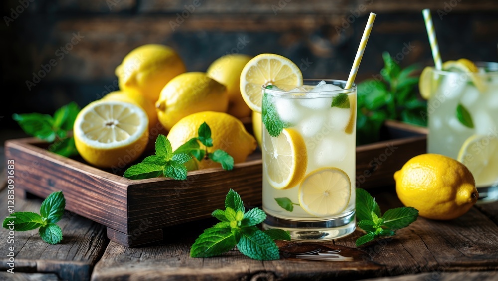 Poster refreshing lemonade with lemon slices and mint leaves on wooden table with fresh lemons in backgroun