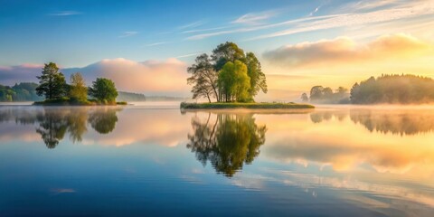 A serene misty atmosphere rises from the calm waters of a bay at dawn, with soft greenery and trees reflected in the gentle ripples , morning mist on the bay, nature scenery