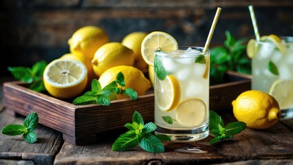 Fototapeta premium Refreshing lemonade with lemon slices and mint leaves on wooden table with fresh lemons in background and copy space