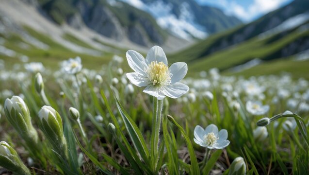 Close-up of white wildflowers in a lush green meadow with mountains and blue sky in the background Copy Space