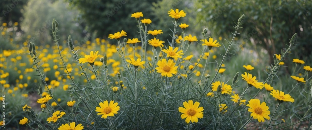 Poster yellow wildflowers in a lush green field with blurred background and available copy space for text p