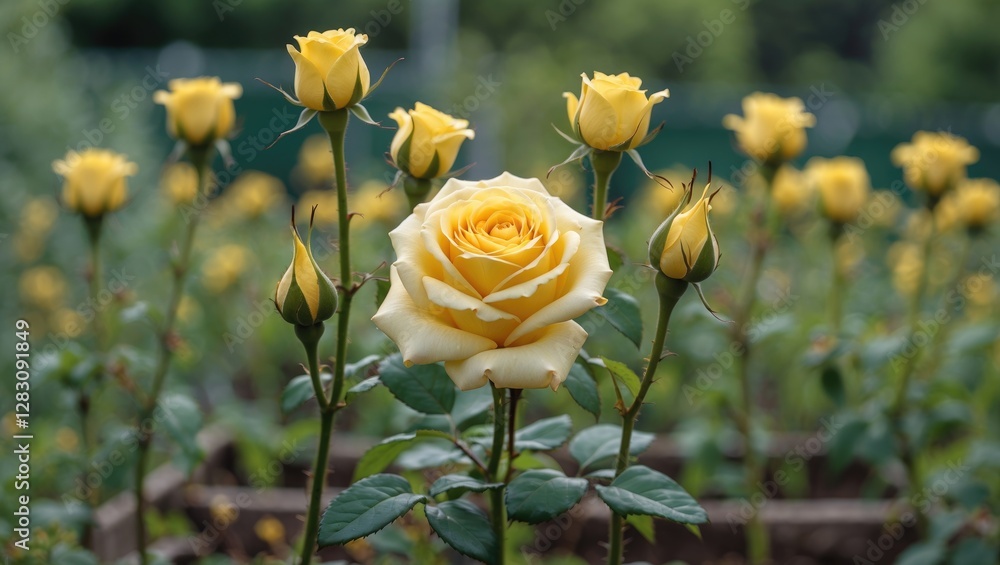 Poster yellow roses in full bloom surrounded by buds in a lush garden setting with soft focus on background