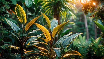 Obraz premium Tropical foliage with vibrant green leaves and warm sunlight filtering through a lush garden setting with Copy Space for text.