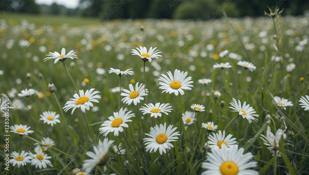 Poster daisies in a lush green field with a blurred background and plenty of copy space for text placement