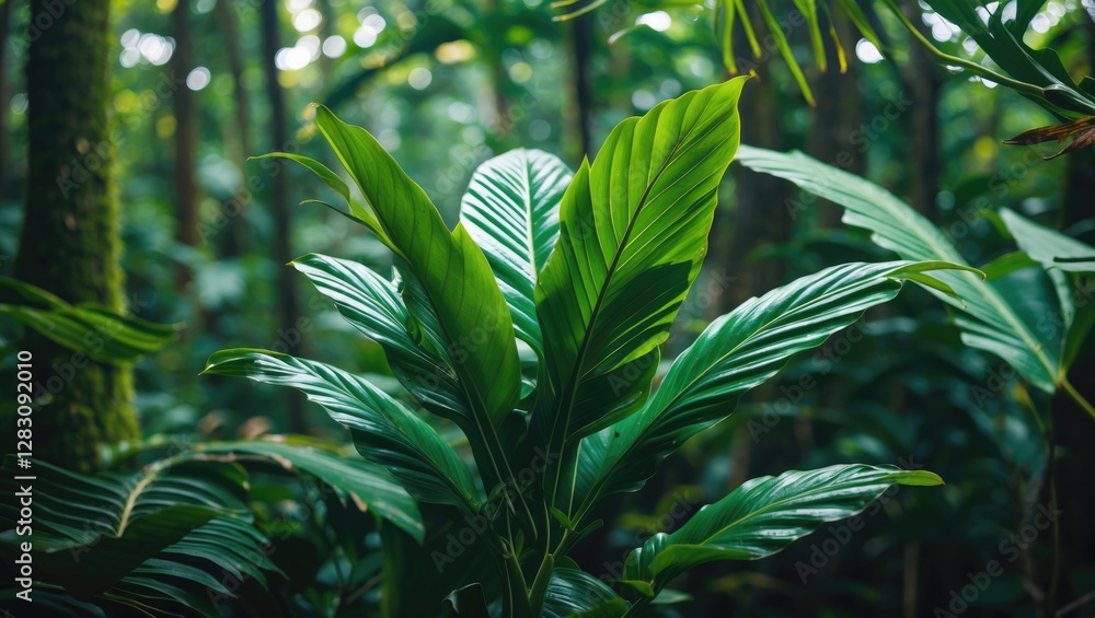 Poster lush green tropical leaves in a dense forest setting with blurred background and copy space for text