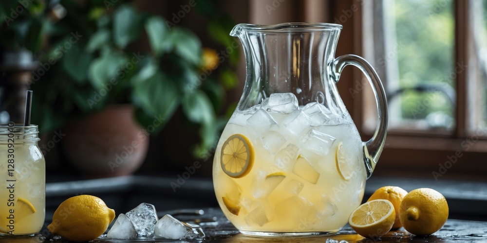 Poster freshly prepared lemonade in a pitcher with ice and lemon slices on a wooden table with a plant in t