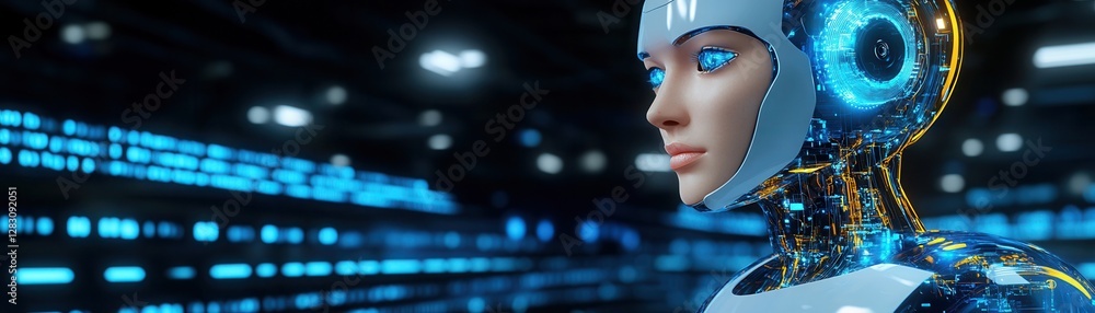 Poster robot and futuristic concept, futuristic robot in a tech environment