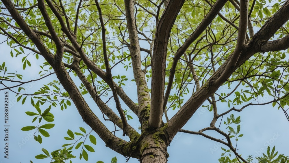 Poster tree canopy with green leaves and branches extending towards the sky under natural light copy space