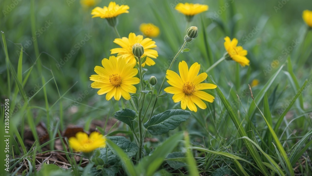 Poster yellow wildflowers in green grass with a soft focus background and copy space for text on a spring d