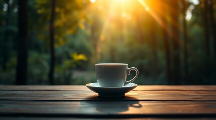 Fototapeta premium Hot Coffee on top of the wooden table, Afternoon Vibes