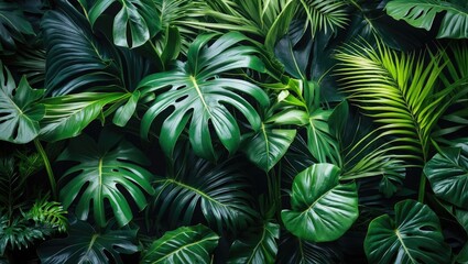 Tropical green foliage background with various types of leaves including Monstera and palm leaves suitable for nature themes Copy Space
