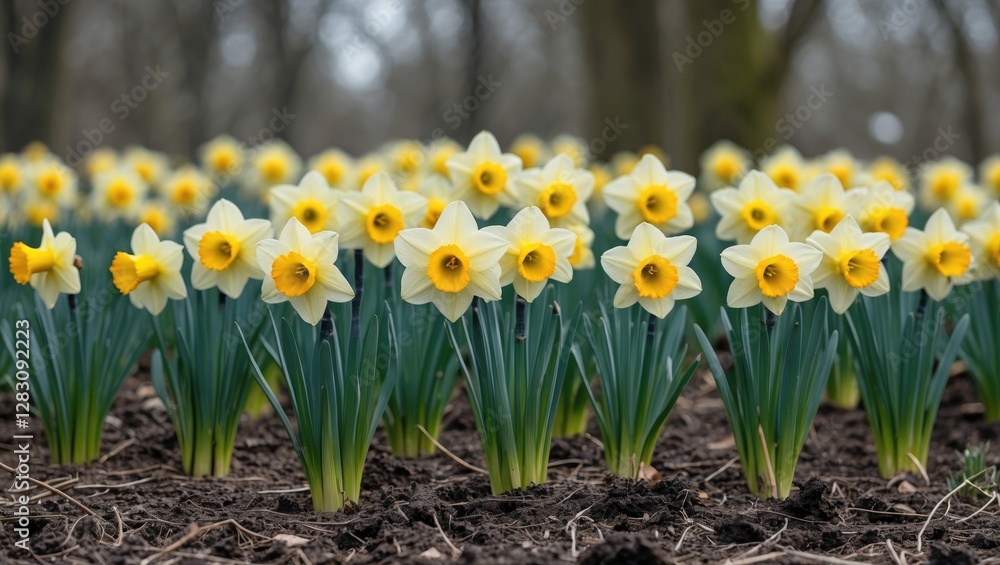 Poster field of blooming yellow daffodils in spring with green leaves and soft focus background with trees 
