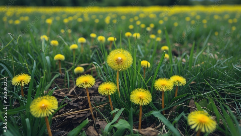 Aufkleber vibrant dandelion flowers in a grassy field during spring season with shallow depth of field and cop